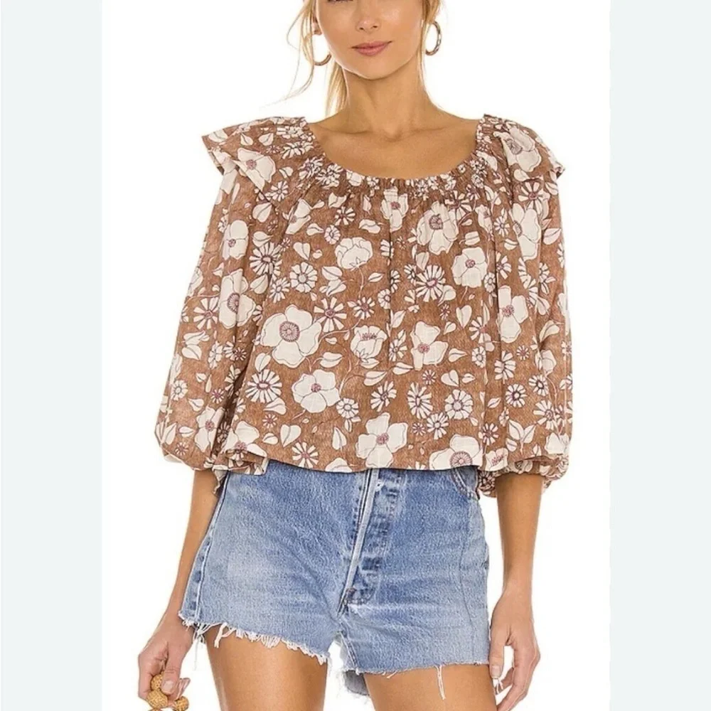 Free People Miss Daisy Floral Printed Top Long Sleeve Off Shoulder Brown Sz L